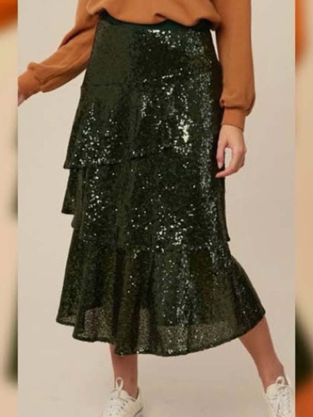 NEW Listicle Glitz & Glamour Sequin Tiered Midi Emerald Green Skirt Medium